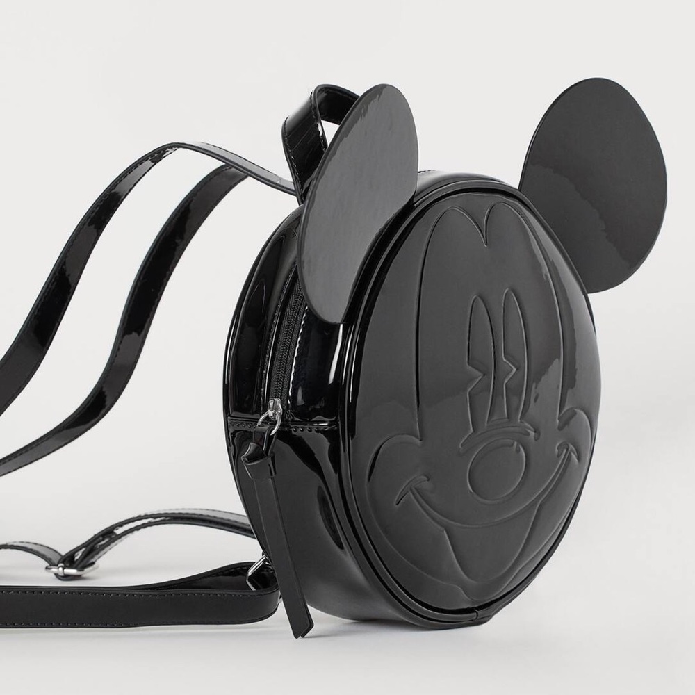 H&M RARE Disney Mickey Mouse Black Faux Patent Leather Round Backpack - Picture 3 of 5